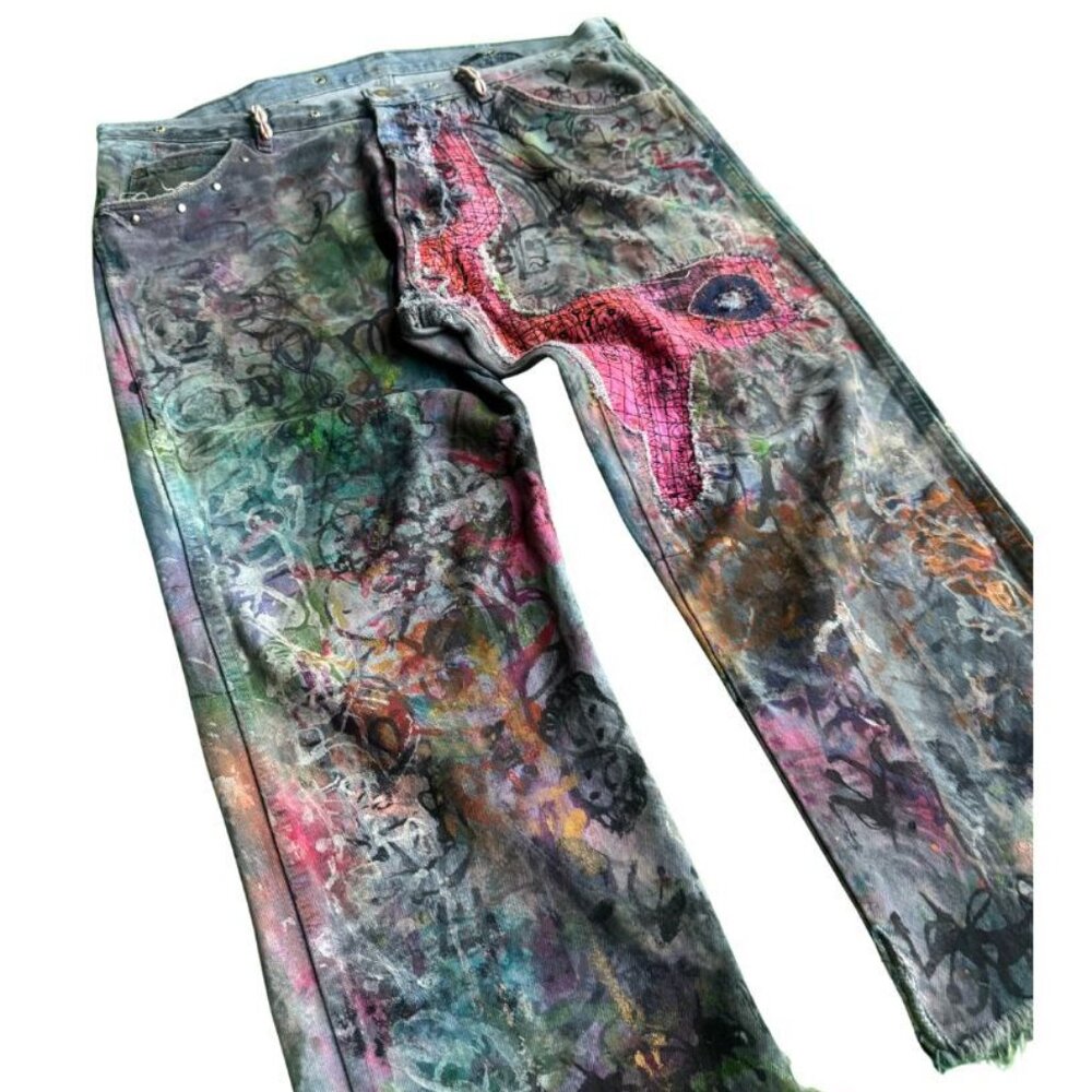 Hand Painted patchworked denim jeans size 38x32